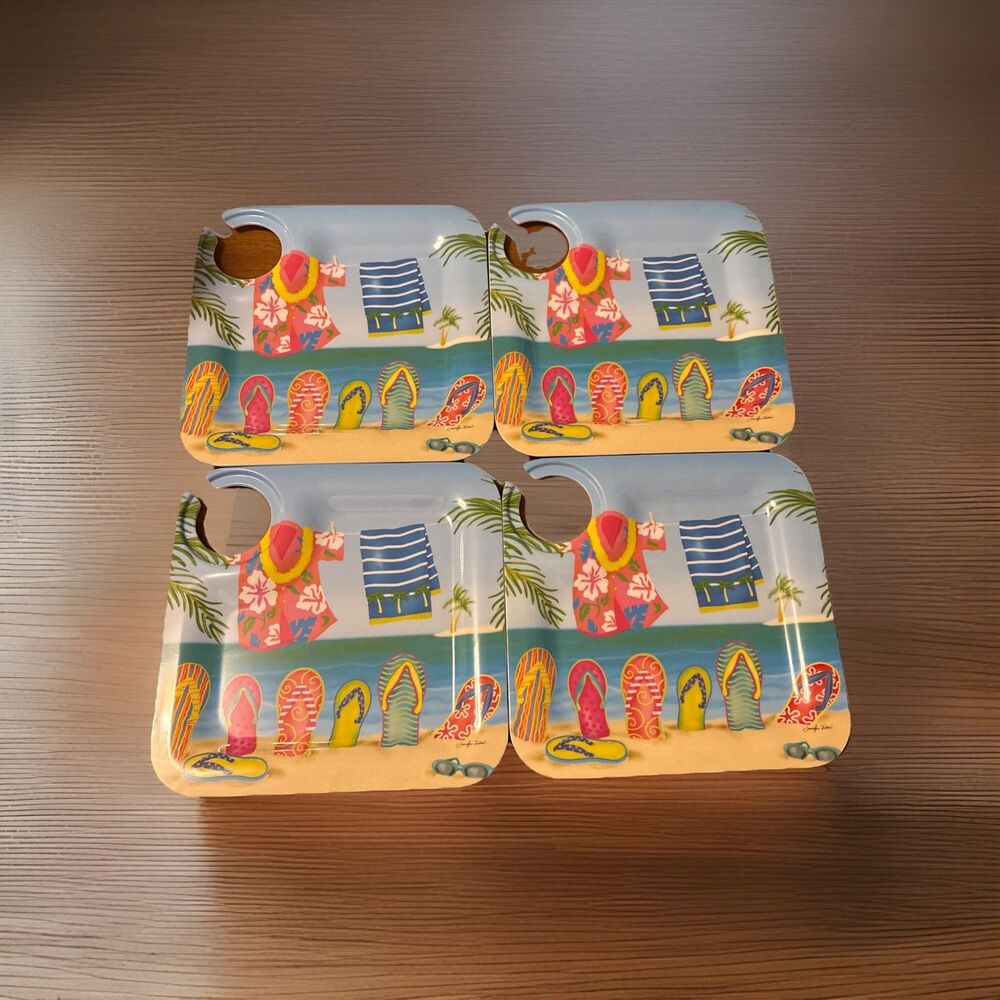 Dennis East Lot Of 4 Beach Flip Flops 8” Square Melamine Plates Wine Glass Notch